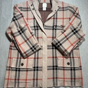 Joie Beige Plaid Trench Coat with Rust and Black Checks